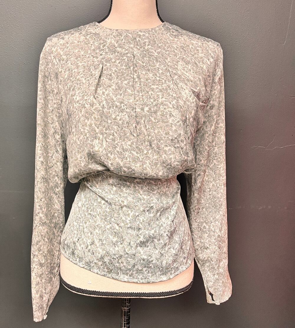 vintage women's floral long sleeve blouse grey rose print silky button up back L